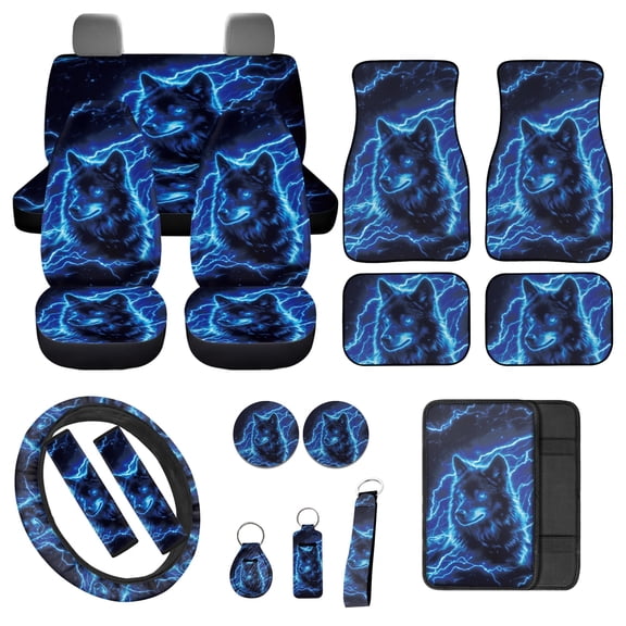 Jeiento 17 Pcs Car Seat Cover Full Sets, Front Rear Covers, Floor Mats, Steering Wheel Cover, Armrest Pad, Seat Belt Pads, Coaster, Universal Fit Auto Interior Accessories, Blue Wolf Print