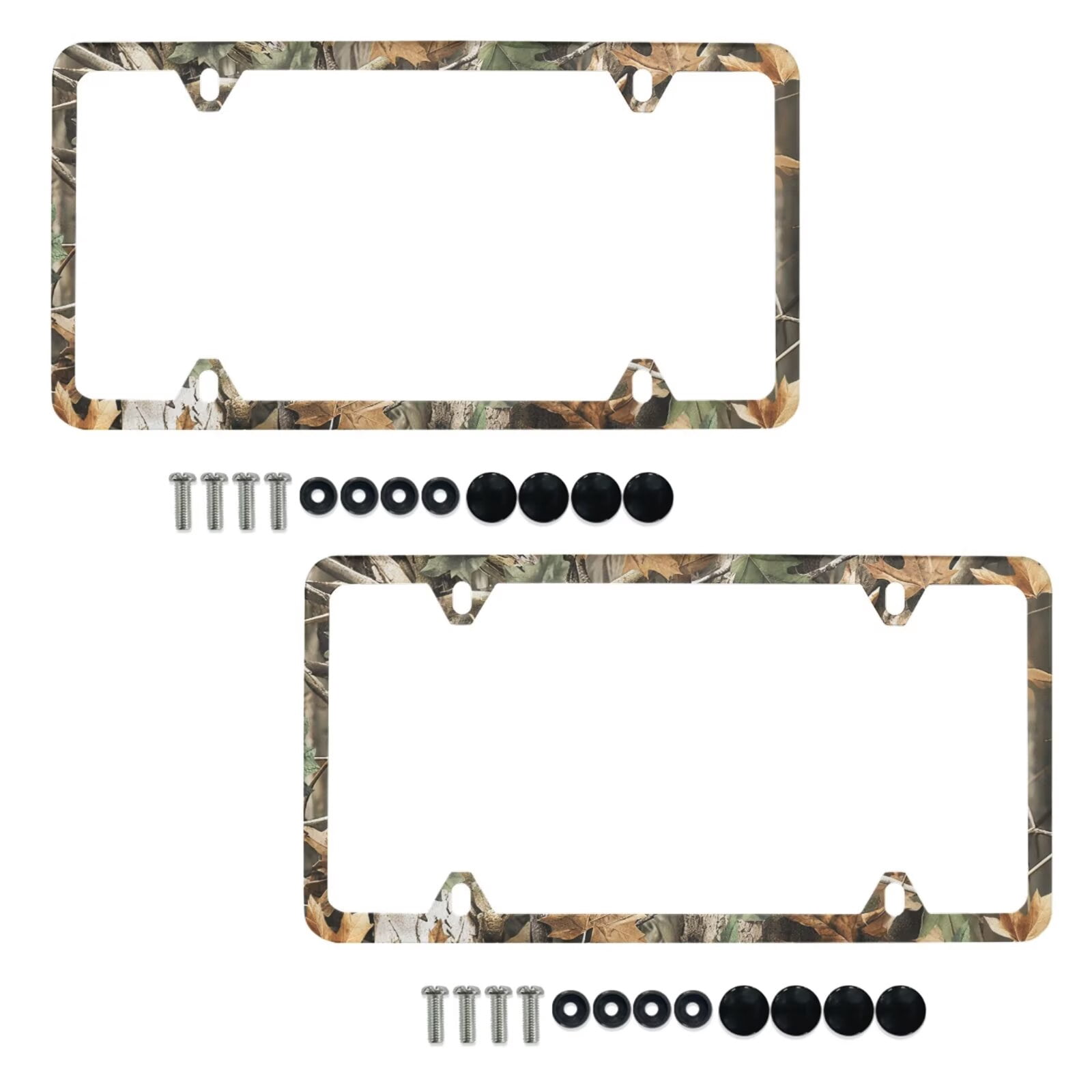 Jeiento 2 Pack License Plate Frames, Solid Rust-Proof License Plate Holders Covers with Screws Fasteners Caps, Camo Hunting Forest Automotive Exterior Accessories