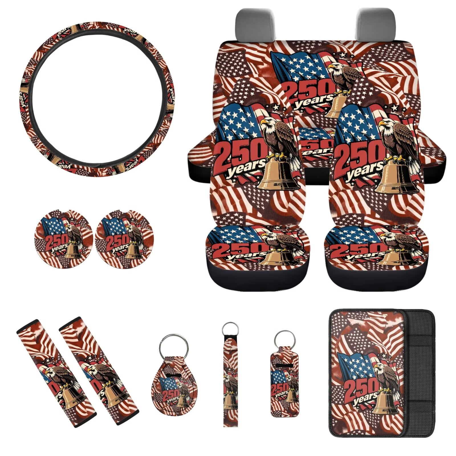 Jeiento 250th Anniversary Car Seat Covers Front Rear Split Bench Full Set Steering Wheel Seat Belt Pads American Eagle Armrest Pad Flag Coasters Key Chain, 13 PCS Auto Interior Accessories