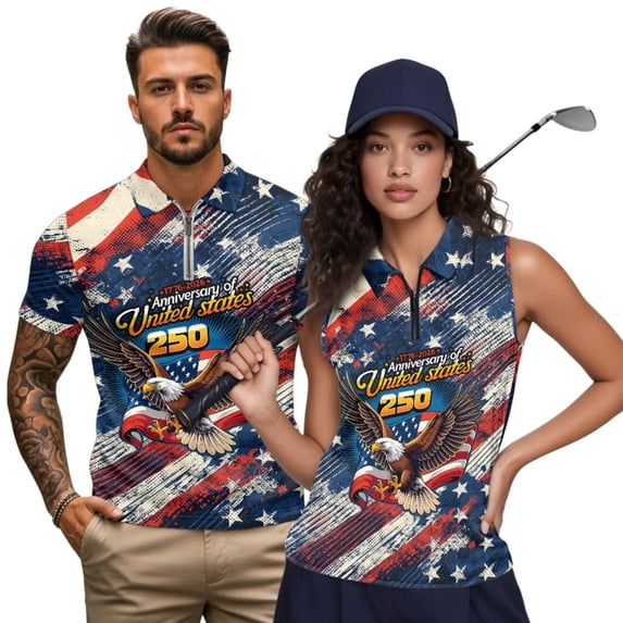 Jeiento 250th Anniversary Couple Matching Outfit Eagle Mens Golf Shirts Short Sleeve Dry Fit Collared Tops and Womens Zipper Shirt Sleeveless Racerback Workout Tops, Women's XS