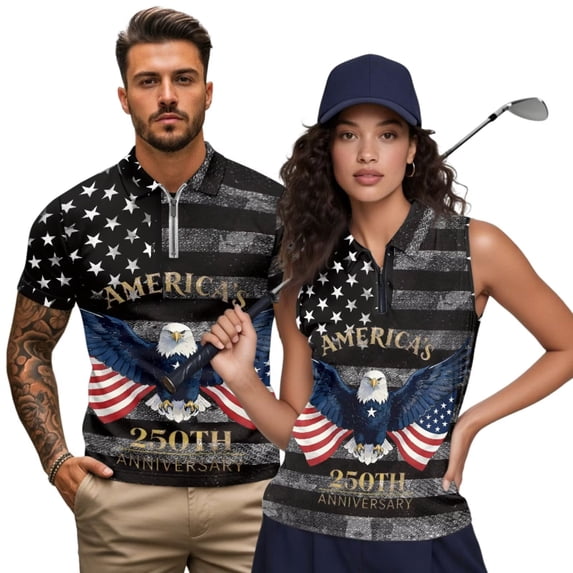 Jeiento 250th Anniversary Sleeveless Golf Shirt for Women Short-Sleeve Slim Fit Shirts for Men Eagle American Flag Breathable Summer Couple Matching Activewear Set, Men's XL