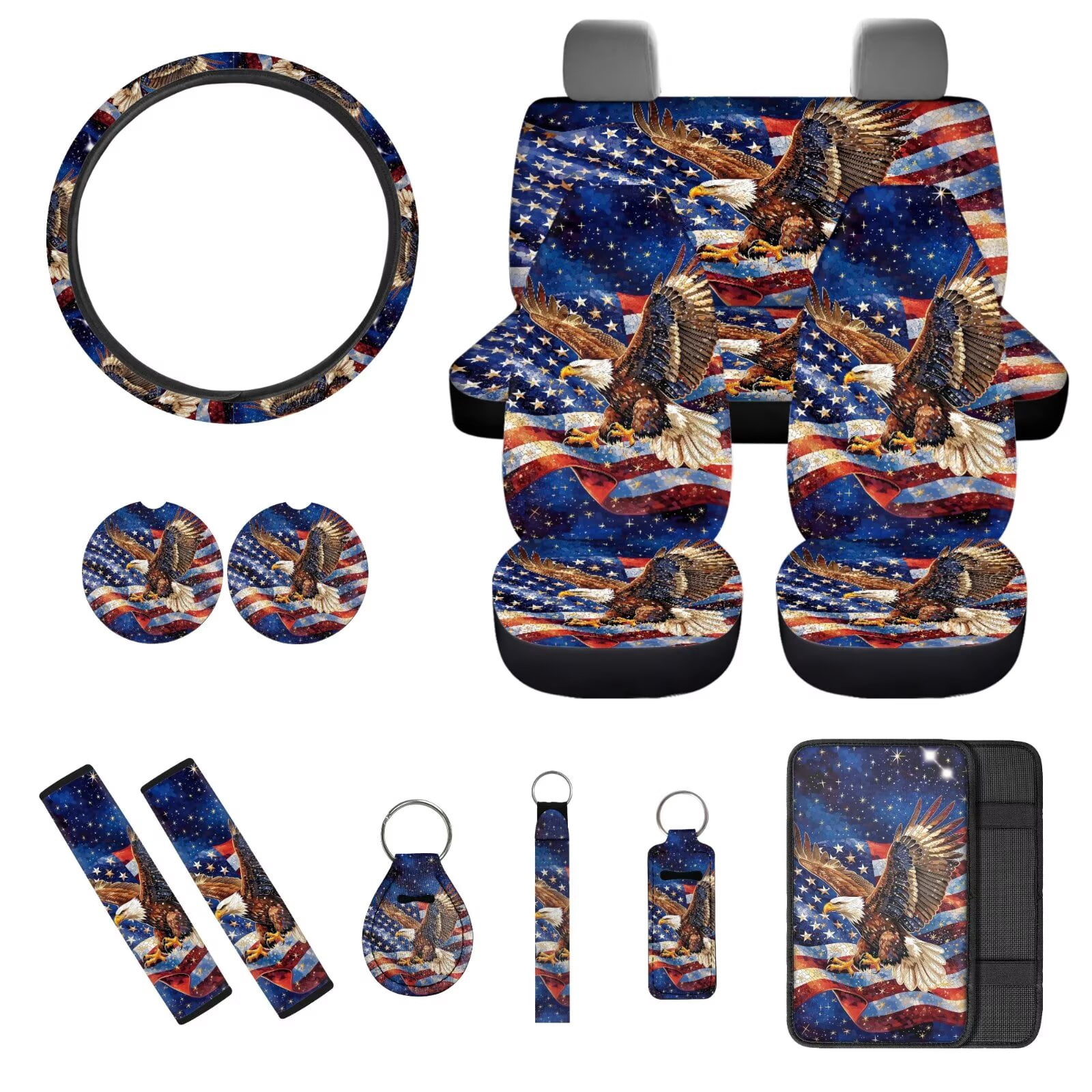 Jeiento 250th Eagle 13 Pcs Auto Seat Cover Sets USA Flag Steering Wheel Cover Seatbelt Pad Armrest Cover Pad Cup Holders Keychain Chapstick Holder for SUV Van Sedan Truck