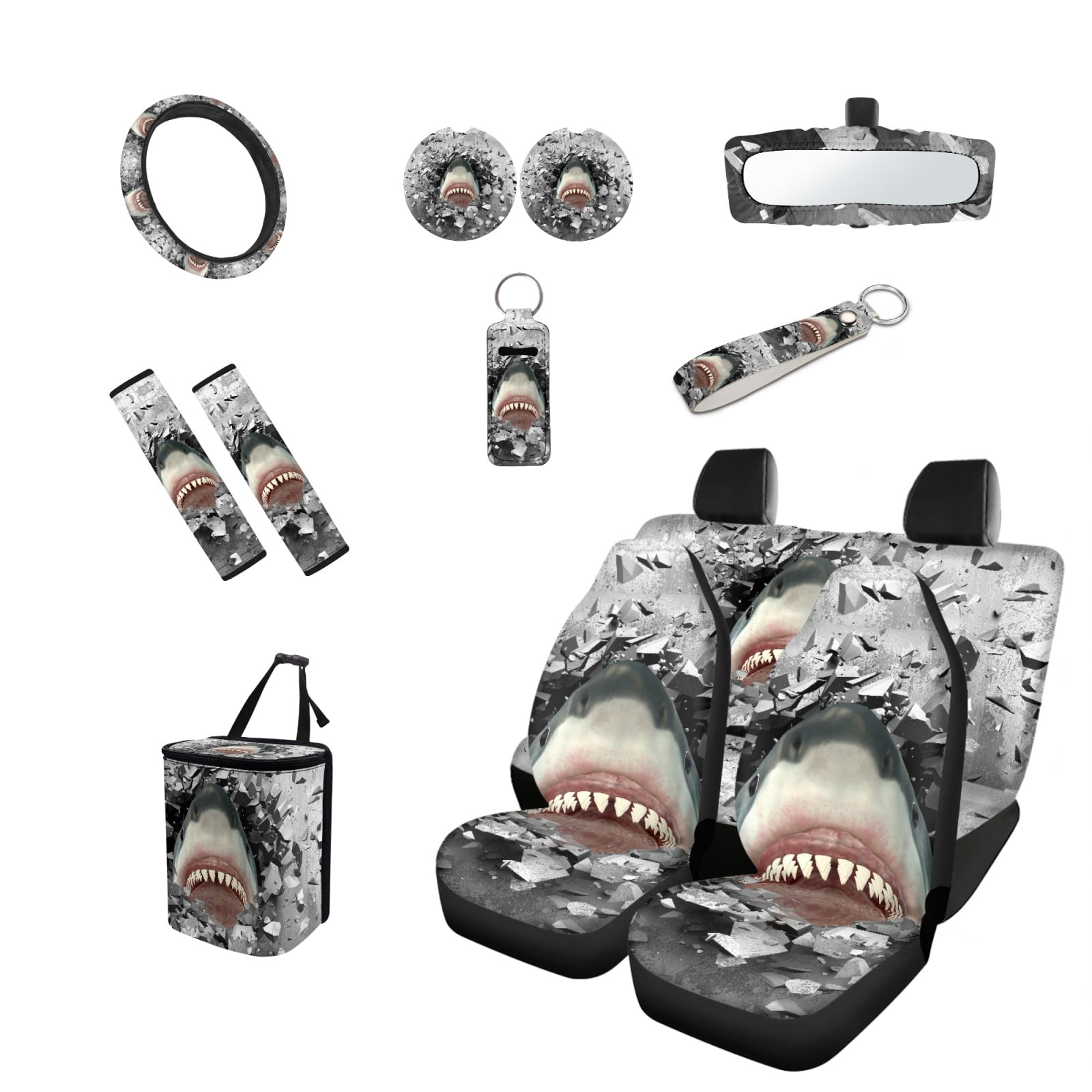 Jeiento 3D Shark Print Car Seat Covers Full Set of 13 Steering Wheel Cover Seat Belt Cover Car Trash Bag Rearview Mirror Cover Keyrings Lipstick Holder Auto Accessory Interior Decor