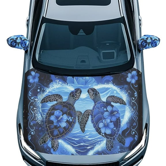 Jeiento 3PCS Car Hood Cover Set with Side View Mirror Cover Turtles Heart Car Decorations Flowers Snow Ice Mirror Covers with Drawstrings for Sedans Vehicle Winter Fit for Sedans