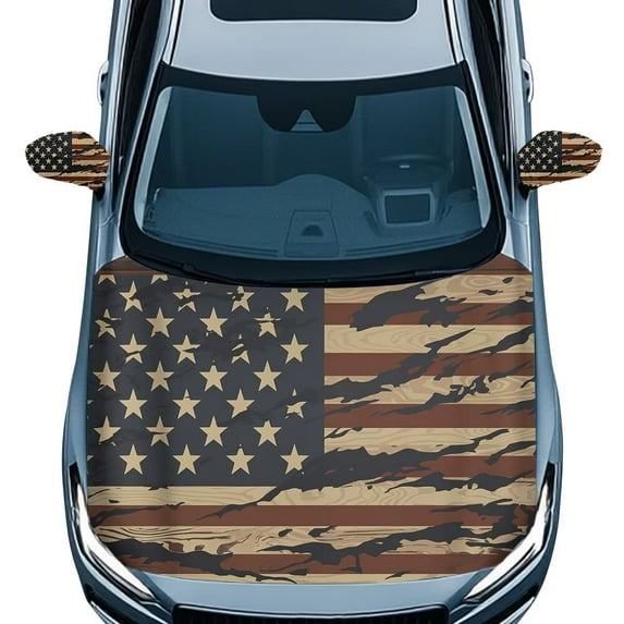Jeiento 3PCS Car Hood Cover Set with Side View Mirror Cover Vintage Vehicles Decorate Accessories American Flag Auto Rearview Protection Cover for Most Sedans Great Gifts Men