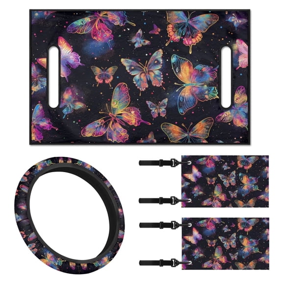 Jeiento 4 PCS Golf Cart Seat Cover with Golf Cart Steering Wheel Cover and 2PCS Golf Cart Flags Colorful Butterfly 13-14 Inch Steering Wheel Covers Golf Cart Seat Towel Blanket Club Car Flag