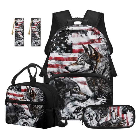 Jeiento 4 Pcs Kids Backpack And Lunch Box Set for Elementary Boys Girls American Flag Wolf Backpack Set with Pencil Case 2 Bookmarks, Back to School Supplies