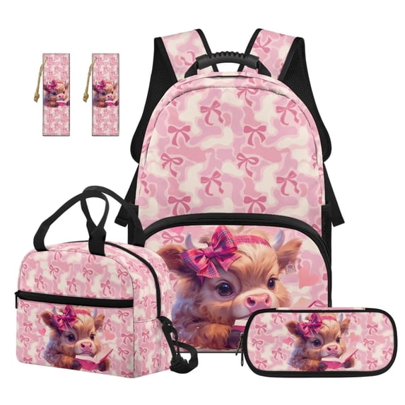 Jeiento 4 Piece 17 Inch Kids Backpack and Lunch Box Set, Cute Highland Cow School Backpack Set with Adjustable Padded Straps for Elementary Girls School Travel