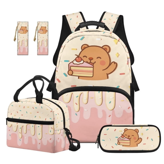 Jeiento 4 Piece Backpack and Lunch Box Set 17 Inch Water-Resistant Cake Bear School Bag with Pencil Case Bookmarks for Girls Elementary, Lightweight Large Capacity Backpack Set