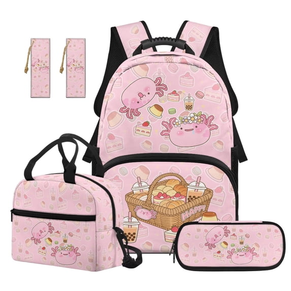 Jeiento 4-Piece Backpack and Lunch Box Set 17 Inch Water-Resistant Funny Axolotl School Bag with Pencil Case, Bookmark for Kids Boys Girls Elementary School Back to School