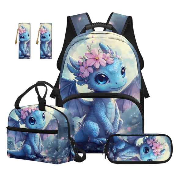 Jeiento 4-Piece Backpack And Lunch Box Set for Boys Girls 17-Inch Baby Dragon School Backpack Set with Pencil Case, Bookmarks for Elementary Primary Kids Back to School