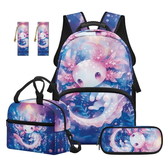 Jeiento 4-Piece Backpack and Lunch Box Set for Elementary Boys Girls 17 Inch Cute Axolotl Water-Resistant Lightweight School Bag with Pencil Case, 2 Bookmarks, Back to School