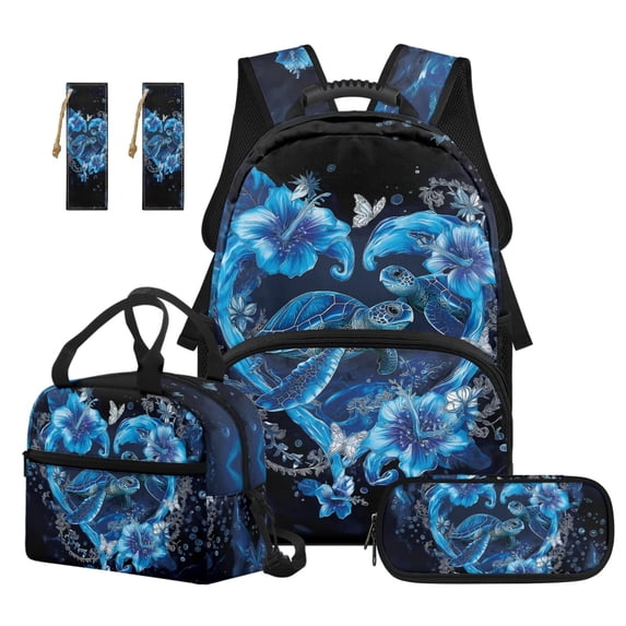 Jeiento 4 Piece Backpack And Lunch Box Set for Kids Boys & Girls 17 Inch Blue Sea Turtle Lightweight School Bag Set with Pencil Case, Bookmarks for Elementary Back to School