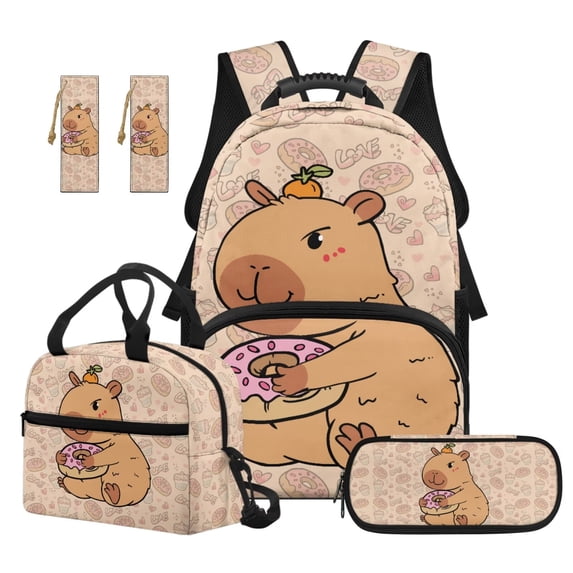 Jeiento 4 Piece Kids Backpack and Lunch Box Set Donut Capybara Large Capacity School Backpack Set for Girls, Includes 17" Backpack, Lunch Bag, Pencil Case, 2 Bookmarks