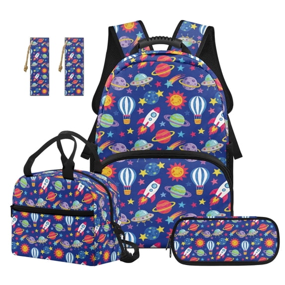 Jeiento 4 Piece Kids Backpack And Lunch Box Set for Elementary Boys Cartoon Space Print 17 Inch School Bag with Padded Straps, Includes Pencil Case & Bookmark