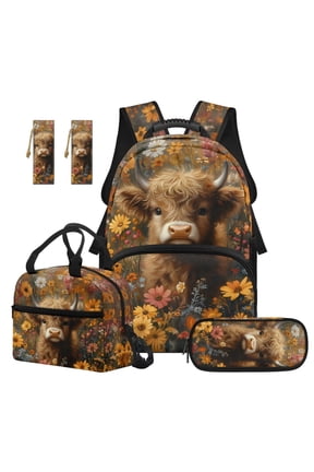 4-Piece Kids Backpack and Lunch Box Set for School 17 Inch Highland Cow Floral Bookbag with Large Capacity, Includes Pencil Case, Bookmarks for Elementary Boys & Girls