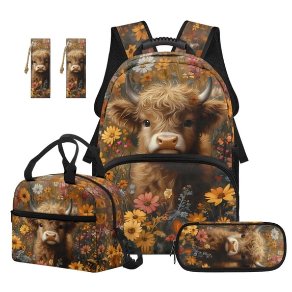 Jeiento 4-Piece Kids Backpack and Lunch Box Set for School 17 Inch Highland Cow Floral Bookbag with Large Capacity, Includes Pencil Case, Bookmarks for Elementary Boys & Girls