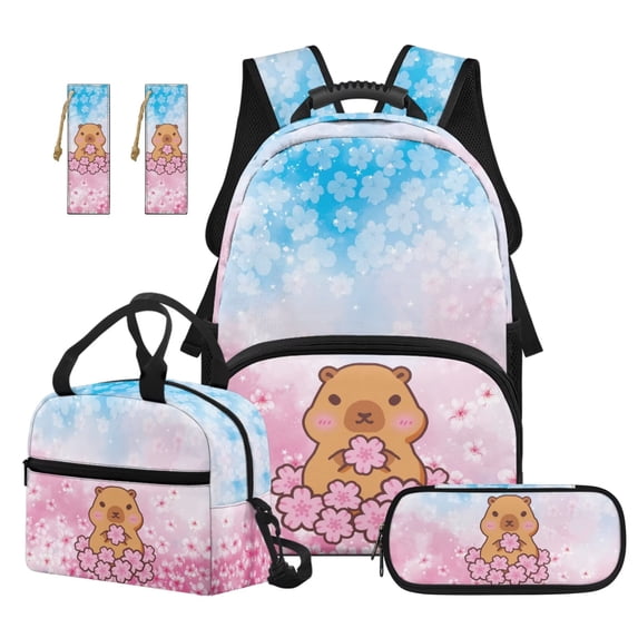 Jeiento 4 Piece Kids Backpack Set 17 Inch Water-Resistant Large Capacity Backpack with Lunch Bag, Pencil Case, Bookmarks for Elementary Girls Cute Capybara Floral Back to School Supplies