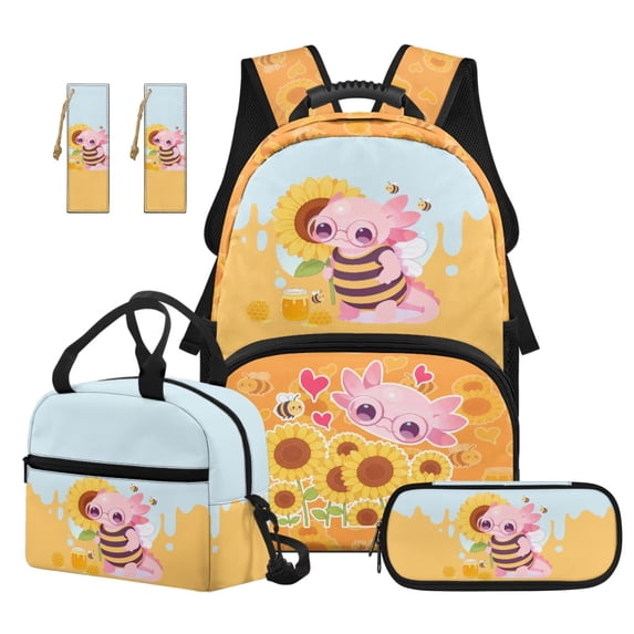 Jeiento 4 Piece Kids Backpack Set for Elementary School 17 Inch Cute Axolotl Floral Backpack and Lunch Box Set with Padded Straps, Includes Pencil Case, 2 Bookmarks
