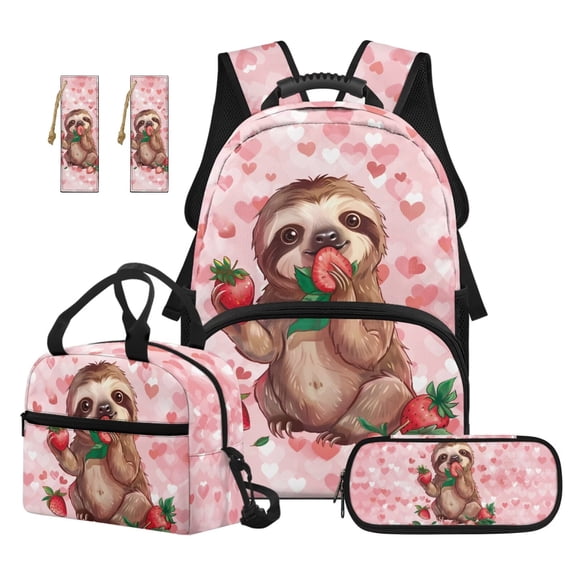 Jeiento 4-Piece Kids Backpack Set Water-Resistant Polyester Strawberry Sloth Backpack for Boys Girls Elementary School, Includes Lunch Bag, Pencil Case, Bookmark