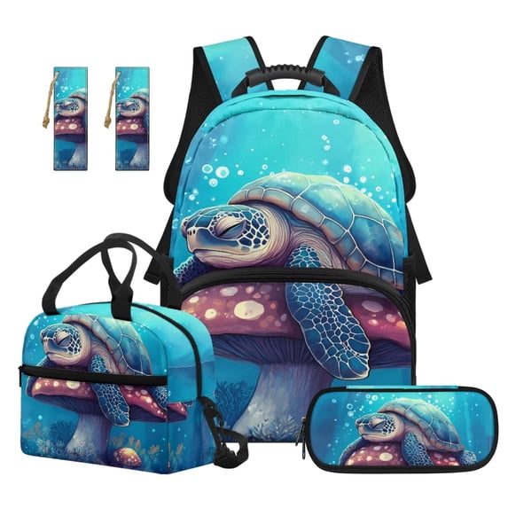 Jeiento 4-Piece School Backpack and Lunch Box Set for Kids Boys Girls 17 Inch Cute Turtle Backpack with Pencil Case Bookmark Padded Straps Bookbag for Back to School