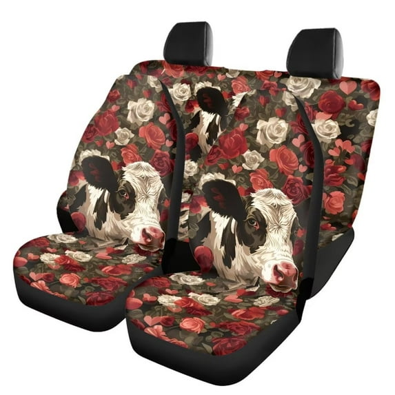 Jeiento 4pcs Cow Car Seat Covers Full Set Red Rose Front Seat Protectors with Split Bench Back Seat Covers All Weather Car Interior Covers for Auto Truck Van SUV