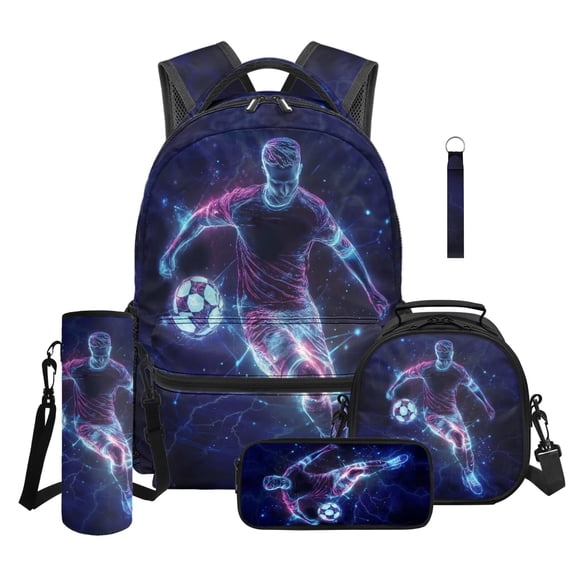 Jeiento 5 Piece 16 Inch Backpack and Lunch Box Set Water-Resistant Polyester Soccer Player Print School Bag Set for Elementary Boys and Girls, Back to School