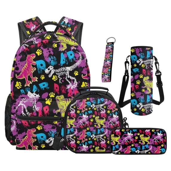 Jeiento 5 Piece Backpack And Lunch Box Set for K-12 Boys and Girls, Dinosaur Roar Print Polyester Large Multi-Pocket Capacity Daypack for Back to School Travel Hiking