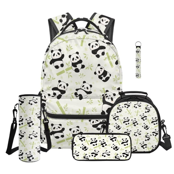 Jeiento 5 Piece Backpack Set for Boys and Girls Water-Resistant Large Capacity Cute Panda Backpack, Lunch Bag, Pencil Case, Water Bottle Holder and Keychain for Back to School