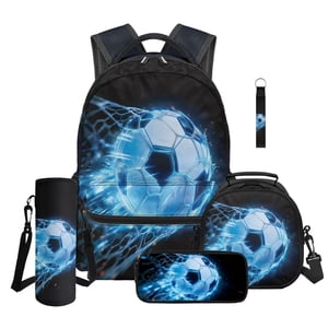 Set de mochila y lonchera de 5 piezas para estudiantes de primaria, azul fútbol, mochila de 16 pulgadas de gran capacidad, lonchera, cartuchera, bolsa para botella, llavero