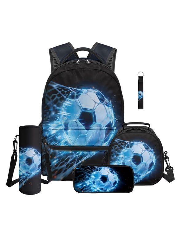 5-Piece Kids Backpack and Lunch Box Set for Elementary Students, Blue Soccer Large Capacity 16 Inch Backpack, Lunch Bag, Pencil Case, Water Bottle Bag, Keychain