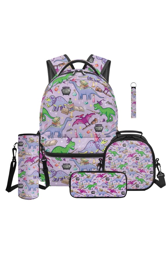 5 Piece Kids Backpack And Lunch Box Set Magic Dinosaur Water-Resistant Bookbag with Padded Straps, Includes Pencil Case, Water Bottle Bag and Keychain for Back to School