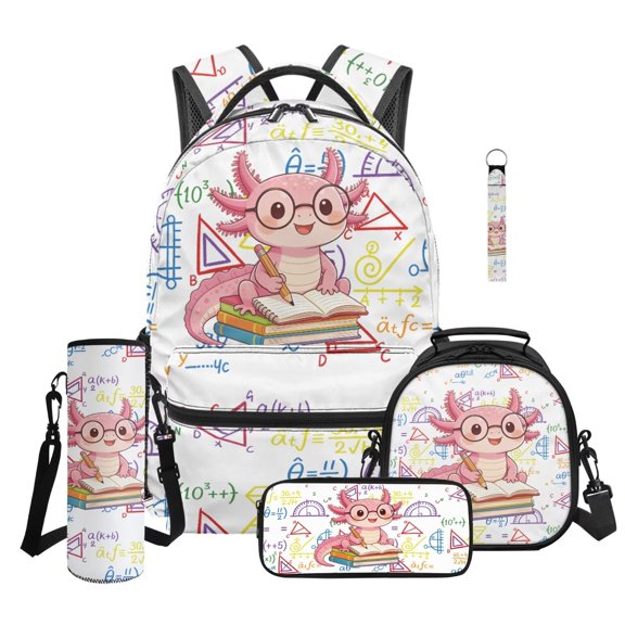 Jeiento 5 Piece Kids Backpack And Lunch Box Set Math Axolotl Water-Resistant Polyester Backpack with Pencil Case, Water Bottle Holder & Keychain, for Elementary Boys and Girls