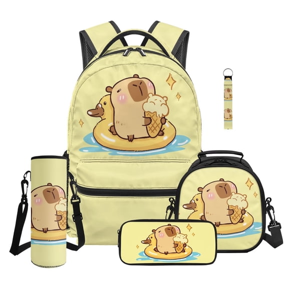 Jeiento 5-Piece Kids Backpack and Lunch Box Set, Water-Resistant Vacation Capybara Backpack Set for Boys, Girls, Teens, for Elementary School Travel Daypack