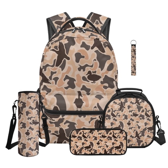 Jeiento 5 Piece School Backpack Set for Kids, 16 Inch Backpack and Lunch Box Set with Pencil Case, Water Bottle Holder, Keychain, Duck Camo Print School Bag