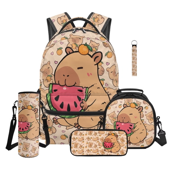 Jeiento 5-Piece Watermelon Capybara Kids Backpack and Lunch Box Set for Elementary School Boys Girls Lightweight Bookbag Back to School Supplies with Pencil Case, Bottle Bag and Keychain