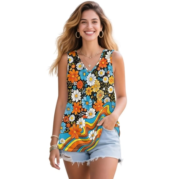 Jeiento Abstract Hippie Flower Tank Tops for Women 70S 80SColorfull Swirl Wavy T-shirt Loose Fit Dressy Workout T-shirts Lady Casual V Neck Sleeveless Shirts Basic Blouse Y2K Clothes,XL