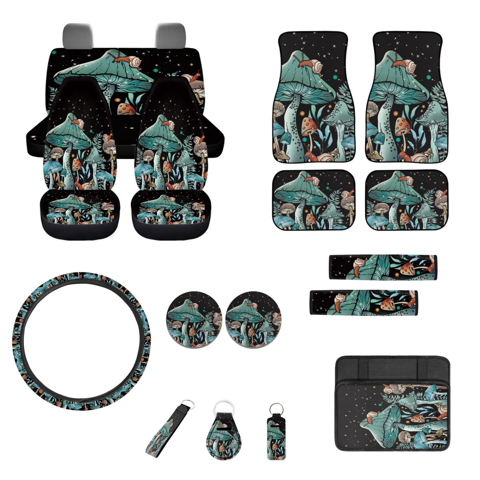 Jeiento Aesthetic Mushroom Car Seat Cover Set of 17 Car Floor Mat Steering Wheel Cover Armrest Cover Safety Belt Pad Cup Coasters Keychain Lipstick Holder Universal Automobile Accessory Interior