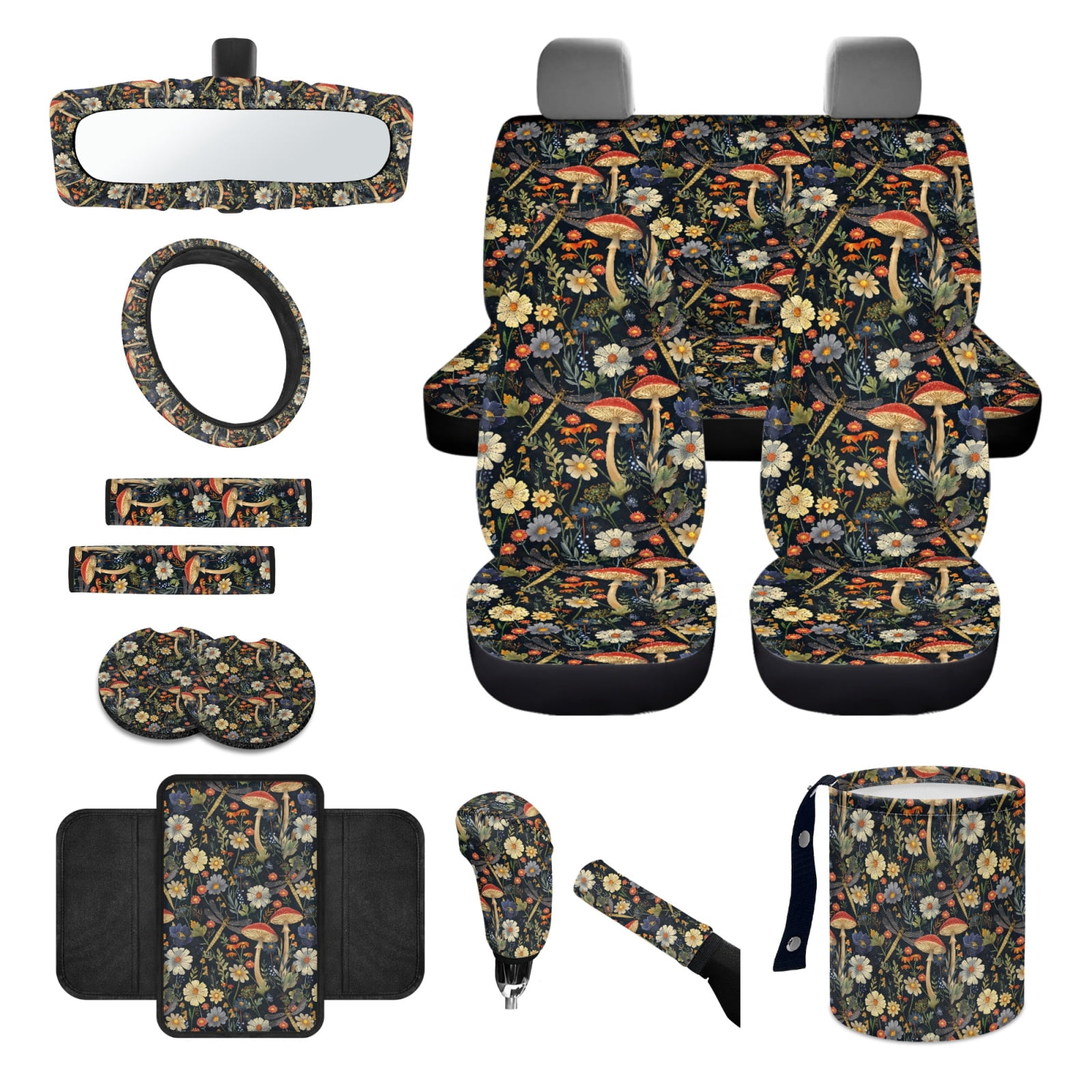 Jeiento Aesthetic Mushroom Car Seat Covers Front Rear Full Set Steering Wheel Cover Seat Belt Pads Coasters Waste Bin Armrest Cover Cup Holders Rearview Mirror Cover Handbrake Cover Set, 14 PCS