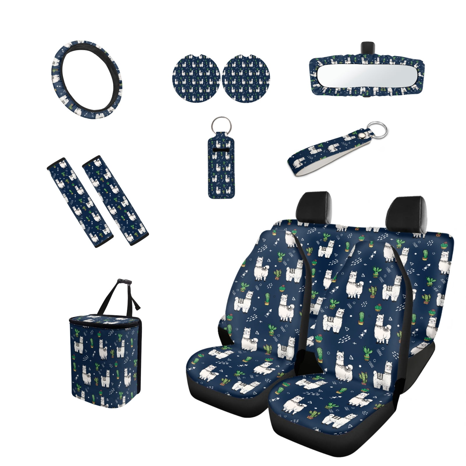 Jeiento Alpaca 13 Pcs Interior Automotive Accessory Set with Car Seat Covers Steering Wheel Cover Car Seatbelt Cover Trash Can Car Rear View Mirror Cover Coasters Keychains Fit for Most Vehicles