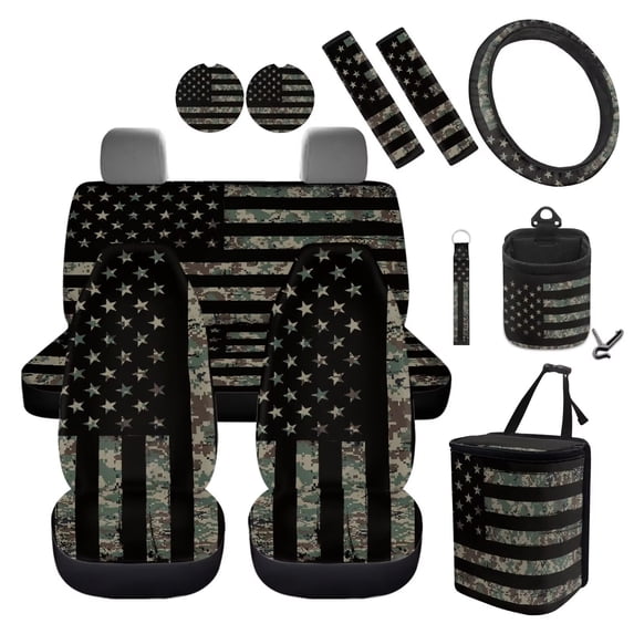 Jeiento American Flag 12 PCS Car Seat Cover Full Set, with Steering Wheel Cover Seat Belt Strap Cover Trash Cans Cup Coaster Keychain Air Vent Storage Bag 4Th of July Car Decor Universal Fit