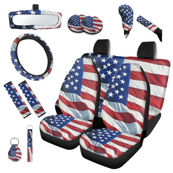 Jeiento American Flag 14 Pack Car Seat Cover Set with Steering Wheel Cover Seat Belt Strap Cover Gear Shift Knob Cover Set Rearview Mirror Cover Cup Coasters Keychain Fit for SUV Trucks Van Sedans