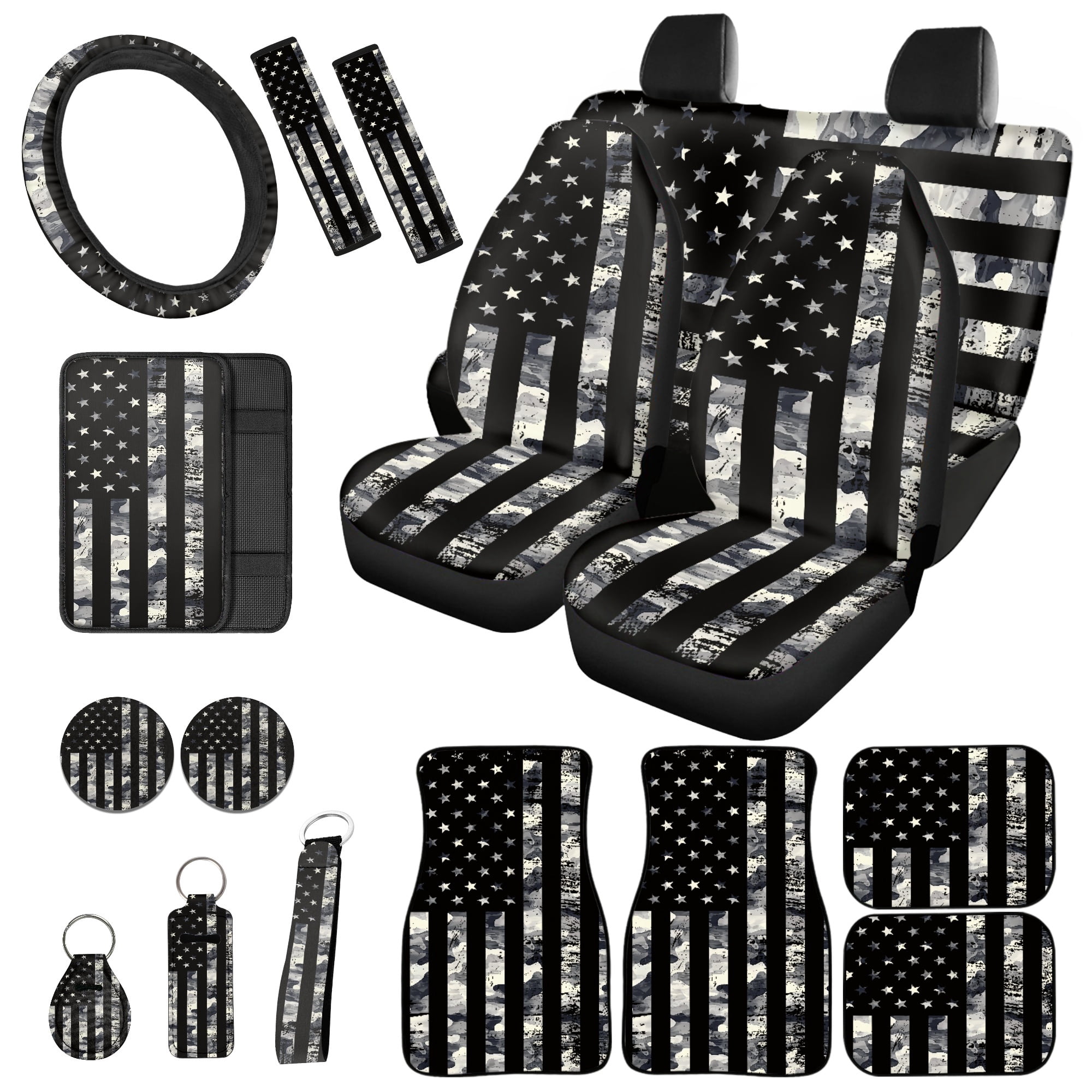 Jeiento American Flag 17 Pcs Car Seat Covers Full Sets for Women Men, Car Floor Mats with Steering Wheel Cover Armrest Cover Seatbelt Covers Cup Coaster Lipstick Keychain, 4Th of July Decor