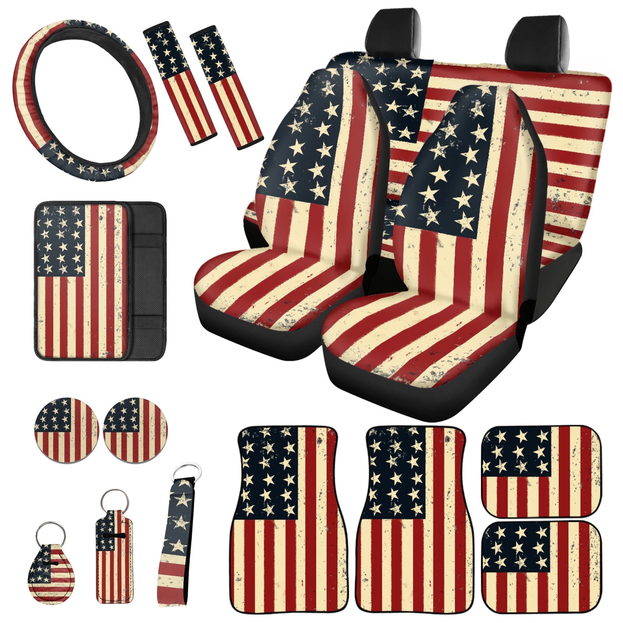 Jeiento American Flag 17 Pieces Car Seat Cover Full Set for Women Men, 4Th of July Car Floor Mat, Seat Belt Cover for Adult Steering Wheel Cover Car Accessories for Car SUV Truck