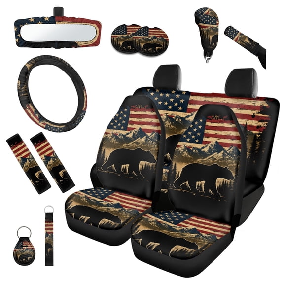 Jeiento American Flag Bear Car Front Back Seat Covers Full Set with Car Steering Wheel Cover Safe Belt Pad Gear Shift Knob Cover Set Rear View Mirror Cover Keychain, Set of 14 Auto Accessory