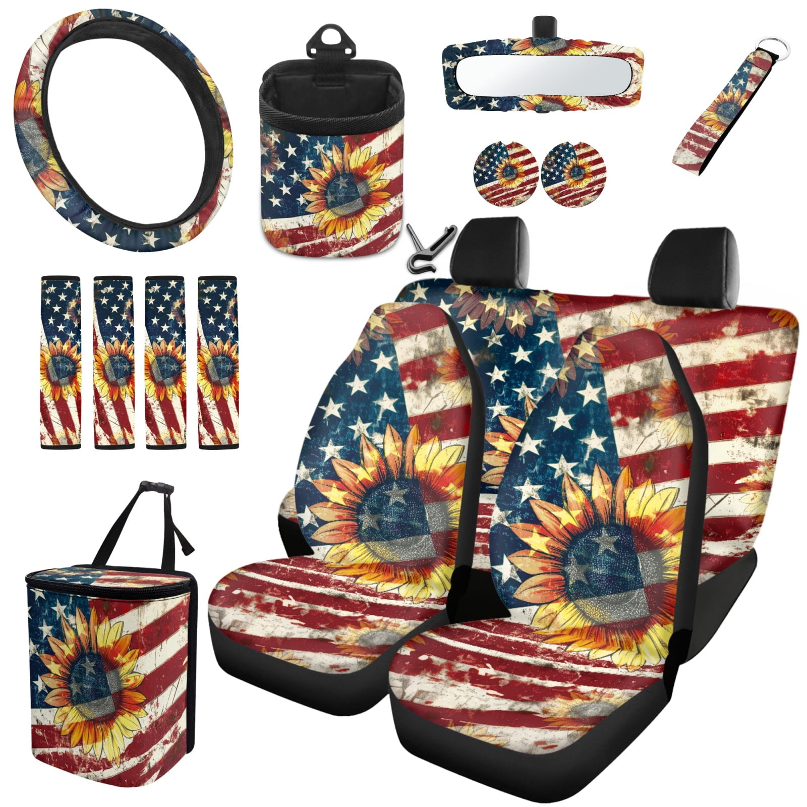 Jeiento American Flag Car Front Back Seat Covers with Steering Wheel Cover Seat Belt Pads Car Cup Mat Garbage Can Rear View Mirror Cover Wristlet Keychain Sunflower Air Vent Storage Holder, 15pcs