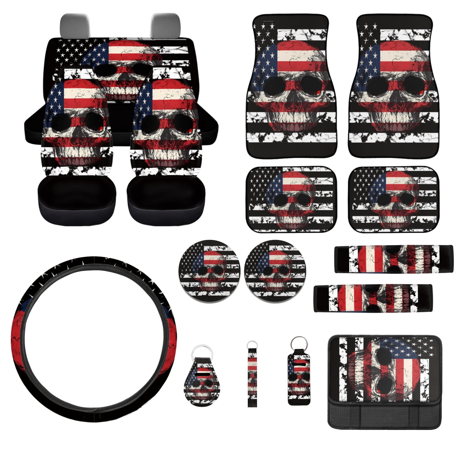 Jeiento American Flag Car Seat Cover Full Set for Men Woman Car Floor Mats Steering Wheel Cover Keychains Seatbelt Pad Armrest Cover Coasters Skeleton Lipstick Holder Interior Auto Accessory 17pcs
