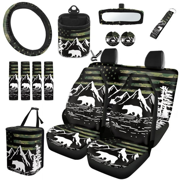 Jeiento American Flag Car Seat Cover Set of 15 Auto Front Back Seat Protector Steering Wheel Cover Seat Belt Pad Garbage Bag Air Vent Bag Mountain Rearview Mirror Cover Coasters Key Chain