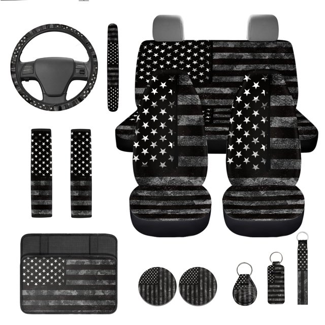 Jeiento American Flag Front Rear Car Seat Covers Full Set Steering Wheel Cover Seat Belt Pads Coasters Armrest Cover Lipstick Holder Keychain, 13 PCS Car Accessories Set 4Th of July Decor