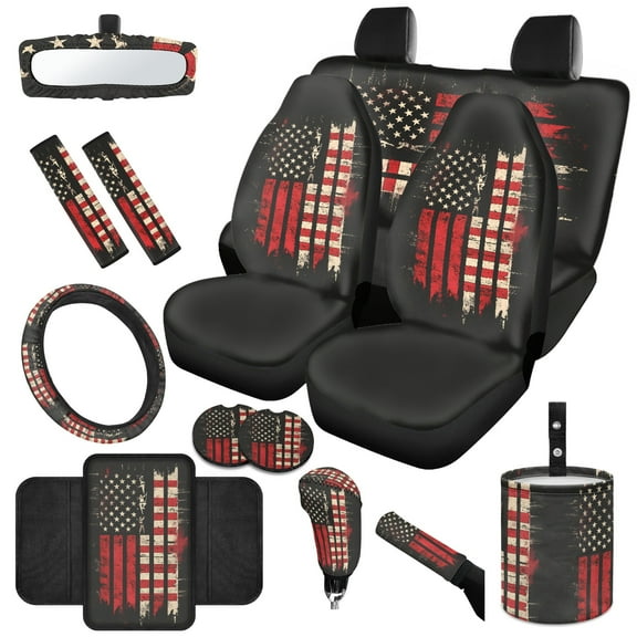 Jeiento American Honoring Firefighter Flags Car Front Back Seat Covers 14 PCS Set with Steering Wheel Cover Seatbelt Pad Trash Can Armrest Cover Rearview Mirror Cover Handbrake Cover Set Coasters